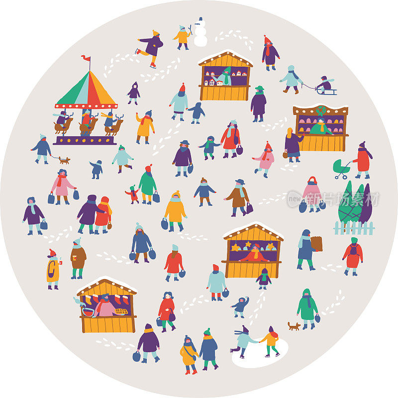 Christmas market or holiday fair. Outdoor festival stand. Crowd of happy people in warm clothes in winter park. Flat vector illustration